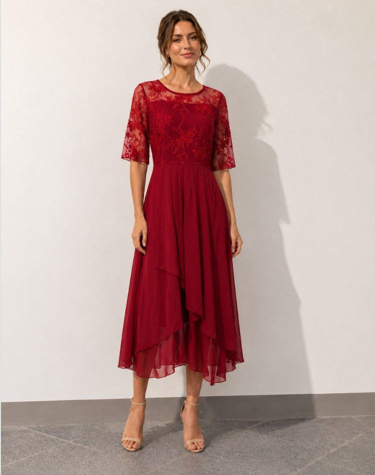 Lace-Bodice Midi Dress with Tiered Skirt - Red