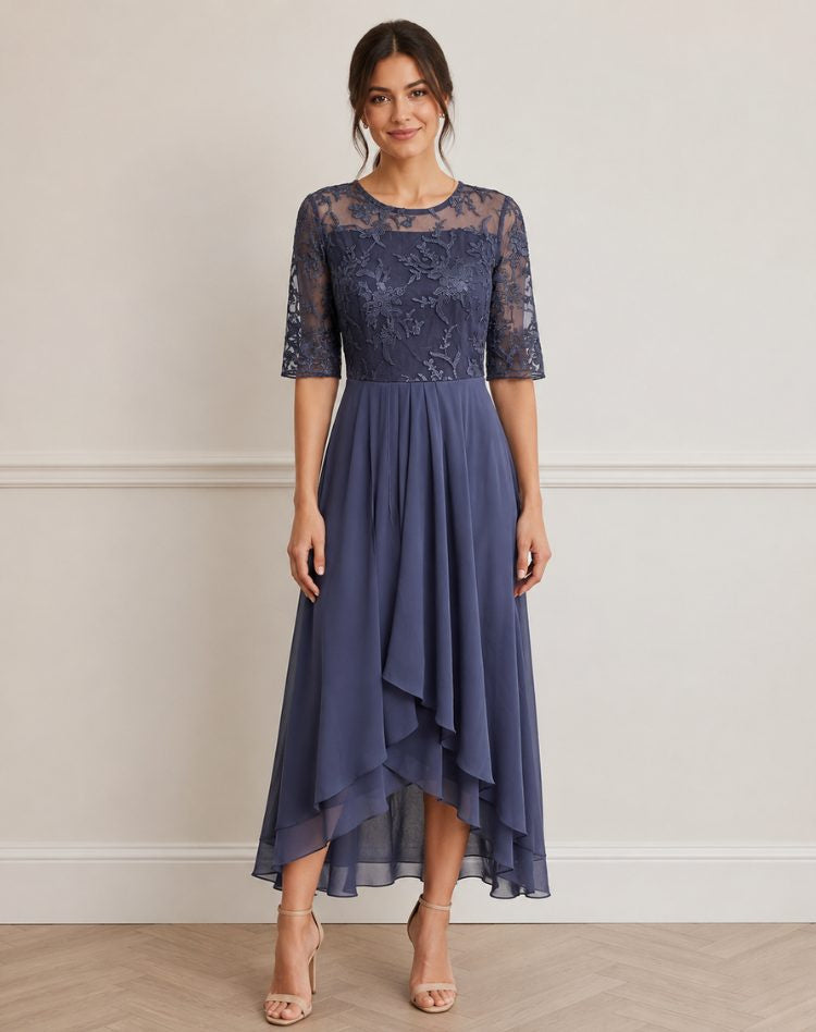 Lace-Bodice Midi Dress with Tiered Skirt - Slate Blue