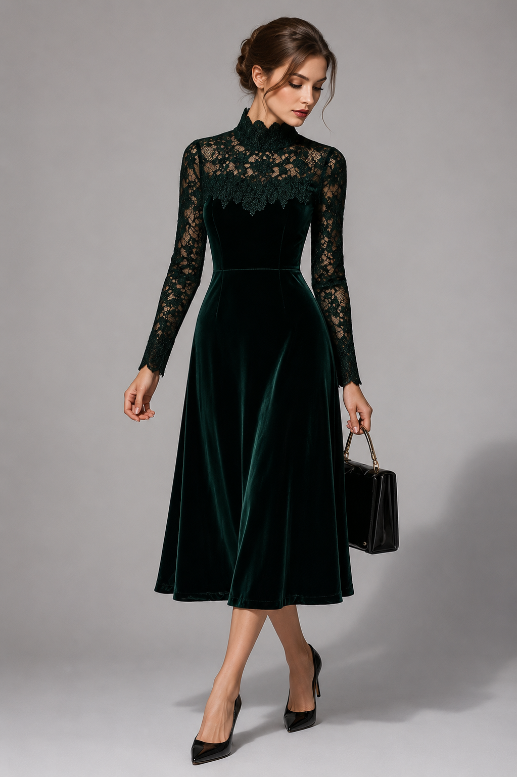 High-Neck Lace Midi Dress with Long Sleeves - Green