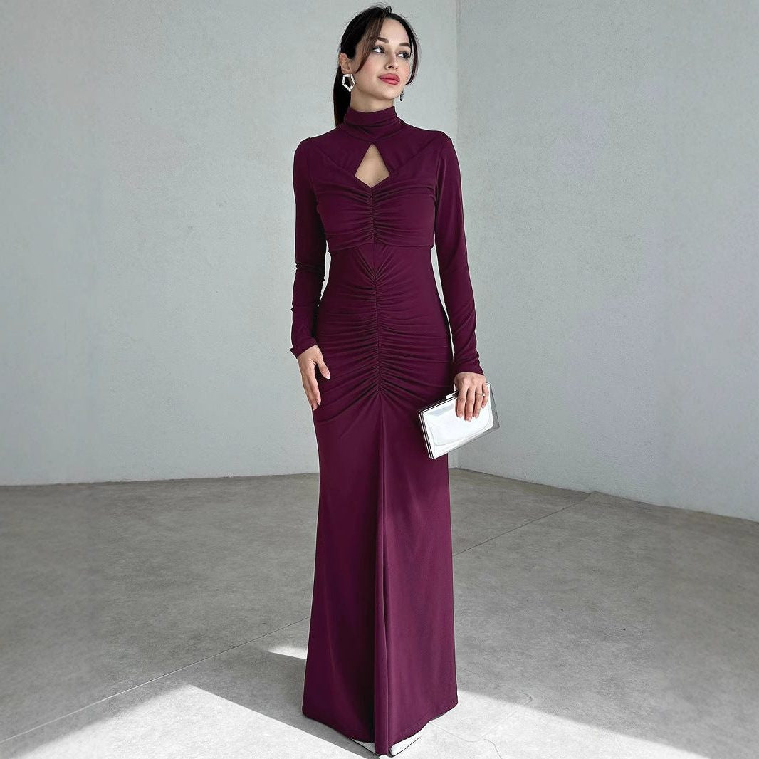 Ruched High-Neck Maxi Dress with Keyhole Detail - Purple