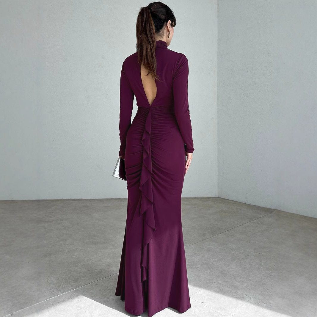 Ruched High-Neck Maxi Dress with Keyhole Detail - Purple