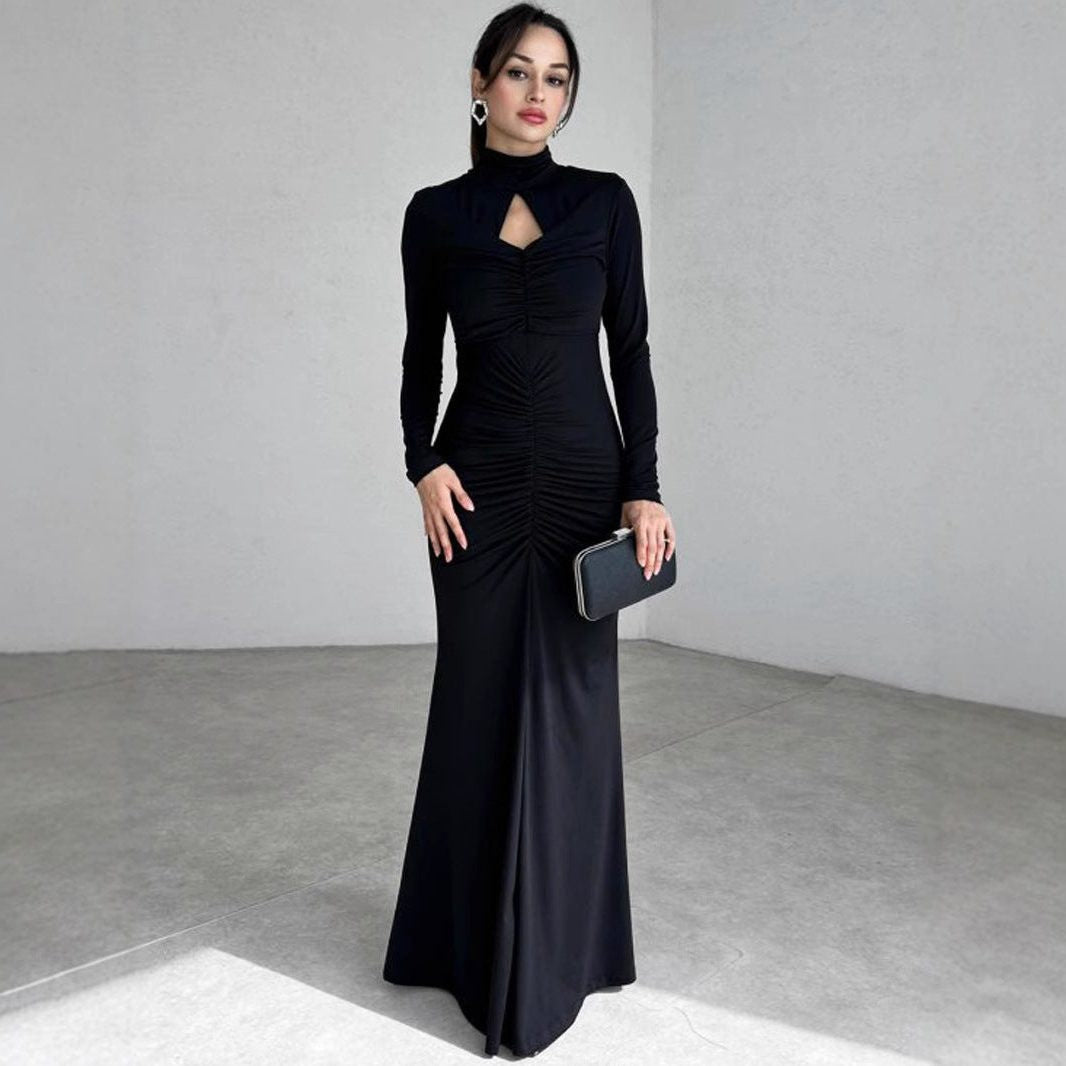 Ruched High-Neck Maxi Dress with Keyhole Detail - Black