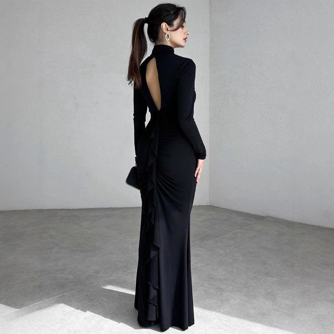 Ruched High-Neck Maxi Dress with Keyhole Detail - Black
