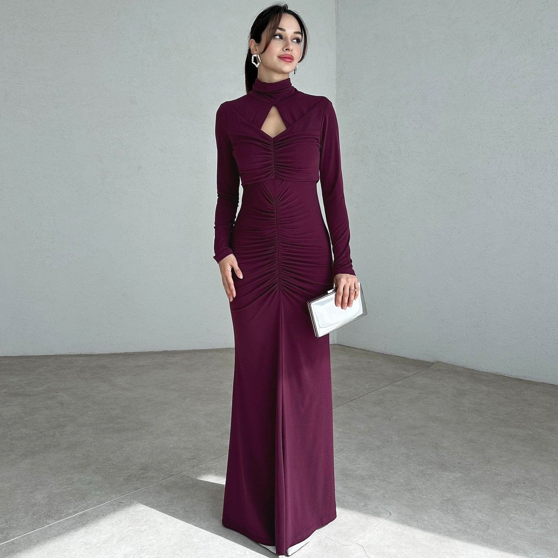 Ruched High-Neck Maxi Dress with Keyhole Detail - Purple