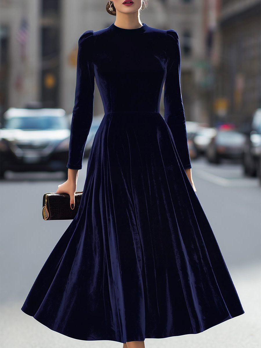 Velvet A-Line Midi Dress with Long Sleeves - Blue