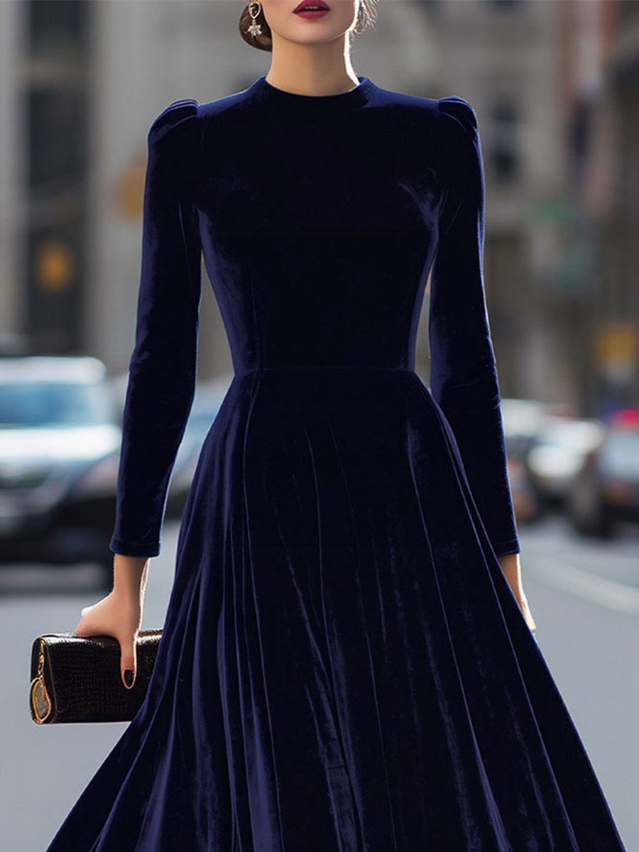 Velvet A-Line Midi Dress with Long Sleeves - Blue