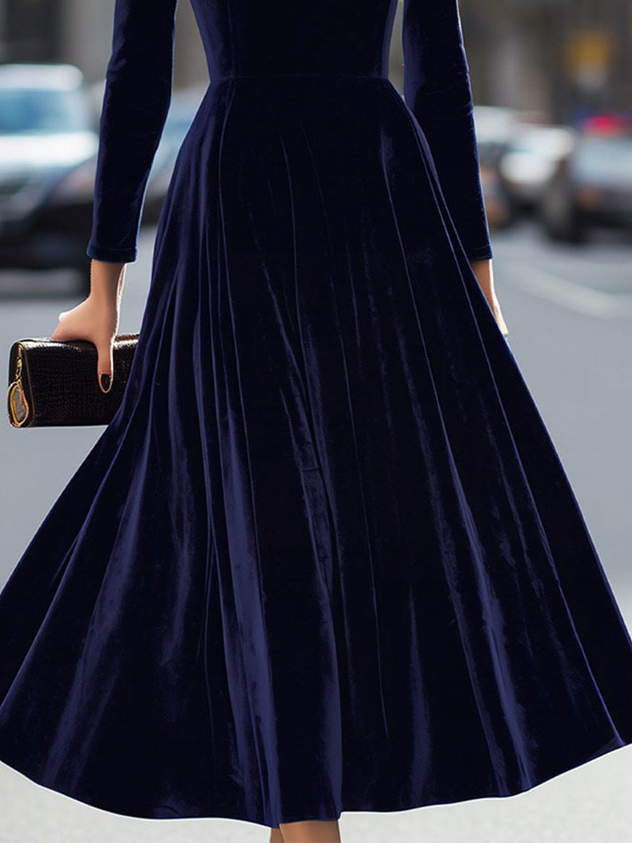 Velvet A-Line Midi Dress with Long Sleeves - Blue