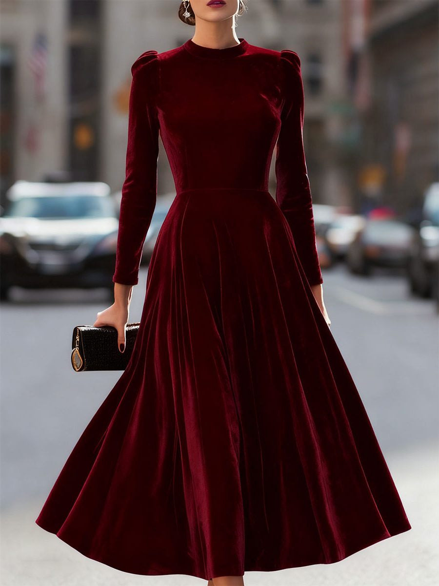 Velvet A-Line Midi Dress with Long Sleeves - Burgundy