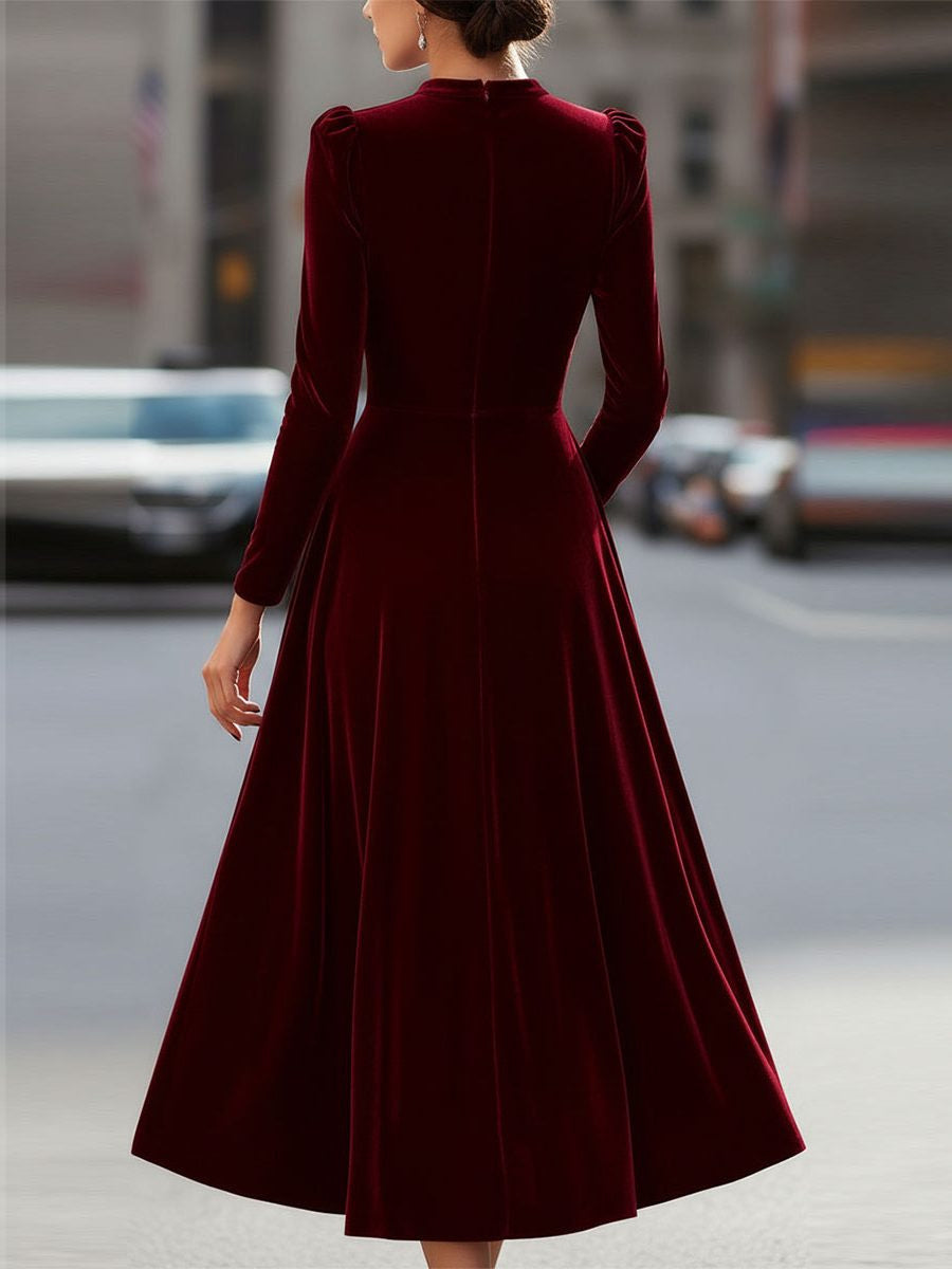 Velvet A-Line Midi Dress with Long Sleeves - Burgundy