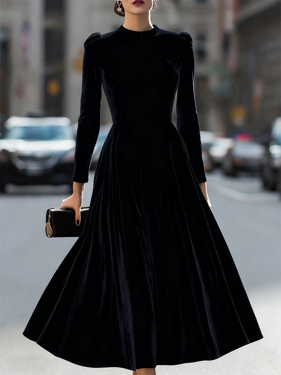 Velvet A-Line Midi Dress with Long Sleeves - Black