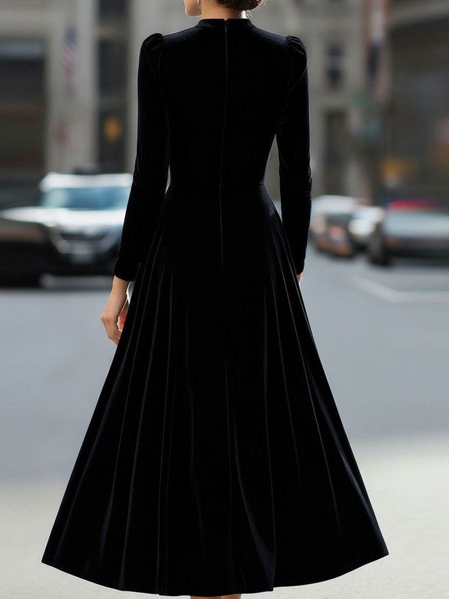 Velvet A-Line Midi Dress with Long Sleeves - Black
