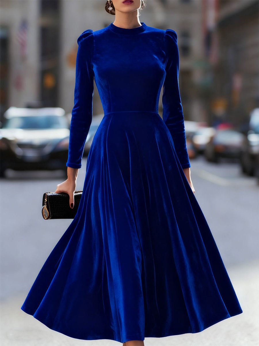Velvet A-Line Midi Dress with Long Sleeves - Royal Blue