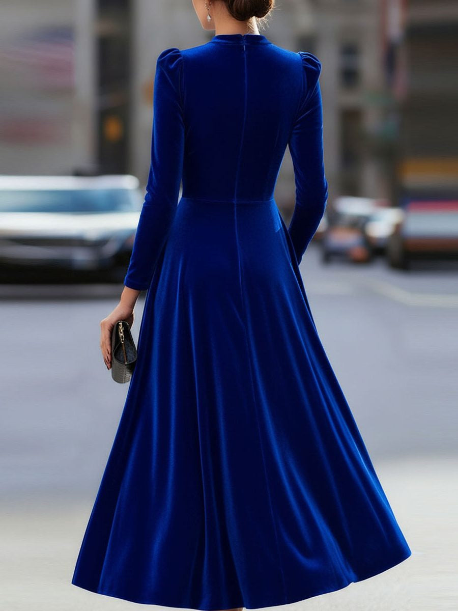 Velvet A-Line Midi Dress with Long Sleeves - Royal Blue