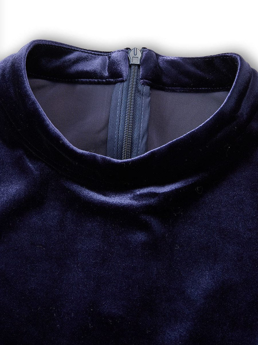 Velvet A-Line Midi Dress with Long Sleeves - Blue