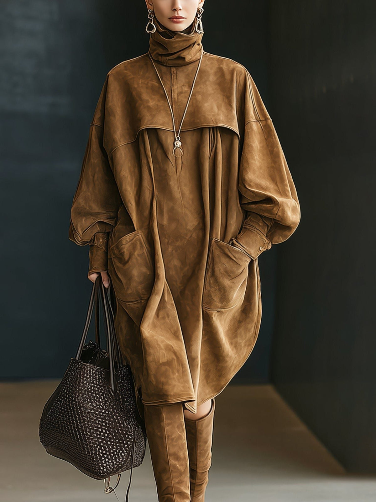 Oversized Suede-Look Shirt Dress with Chest Flaps - Brown