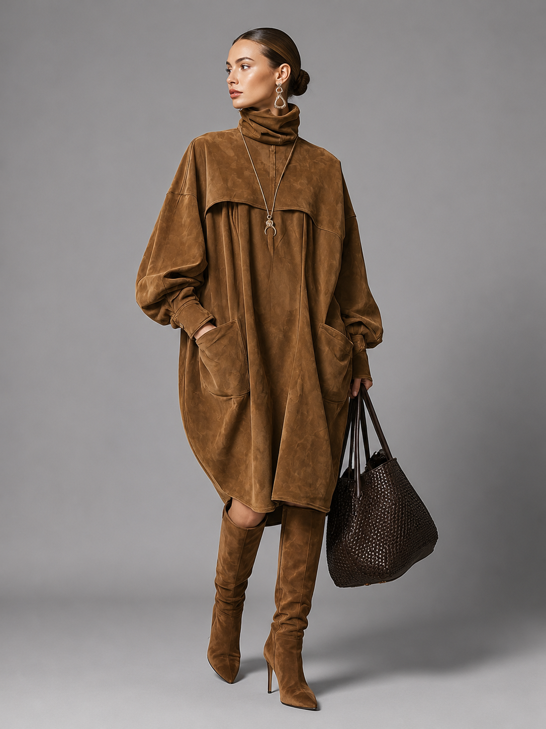 Oversized Suede-Look Shirt Dress with Chest Flaps - Brown