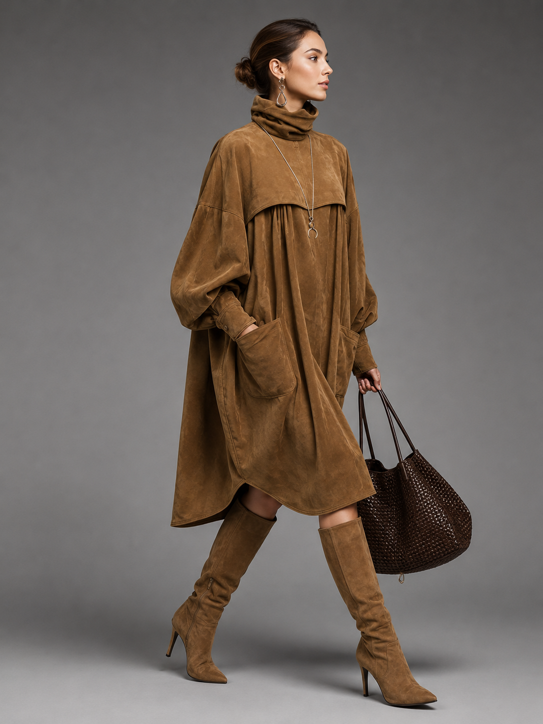 Oversized Suede-Look Shirt Dress with Chest Flaps - Brown