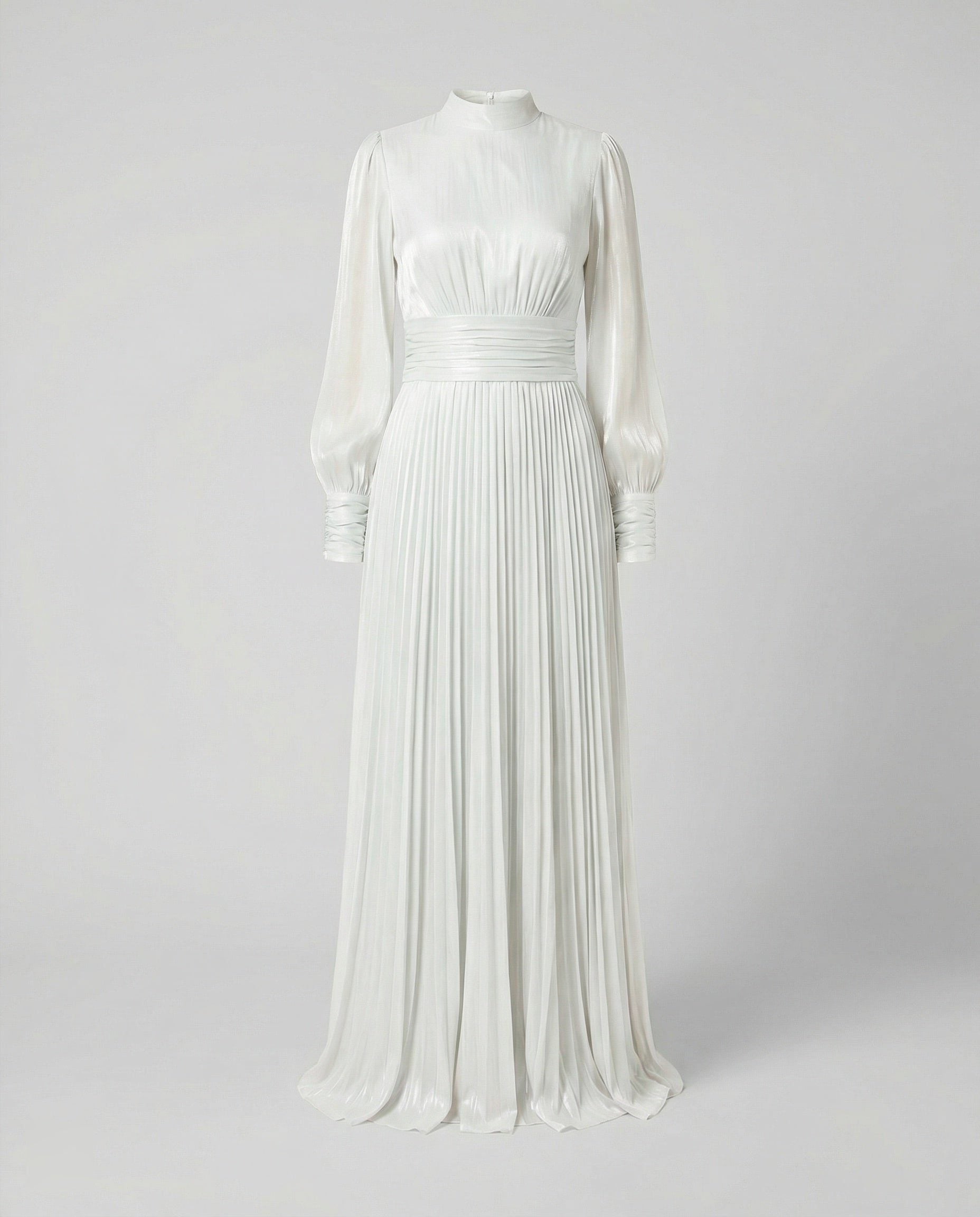 High-Neck Pleated Maxi Dress with Gathered Waist - White
