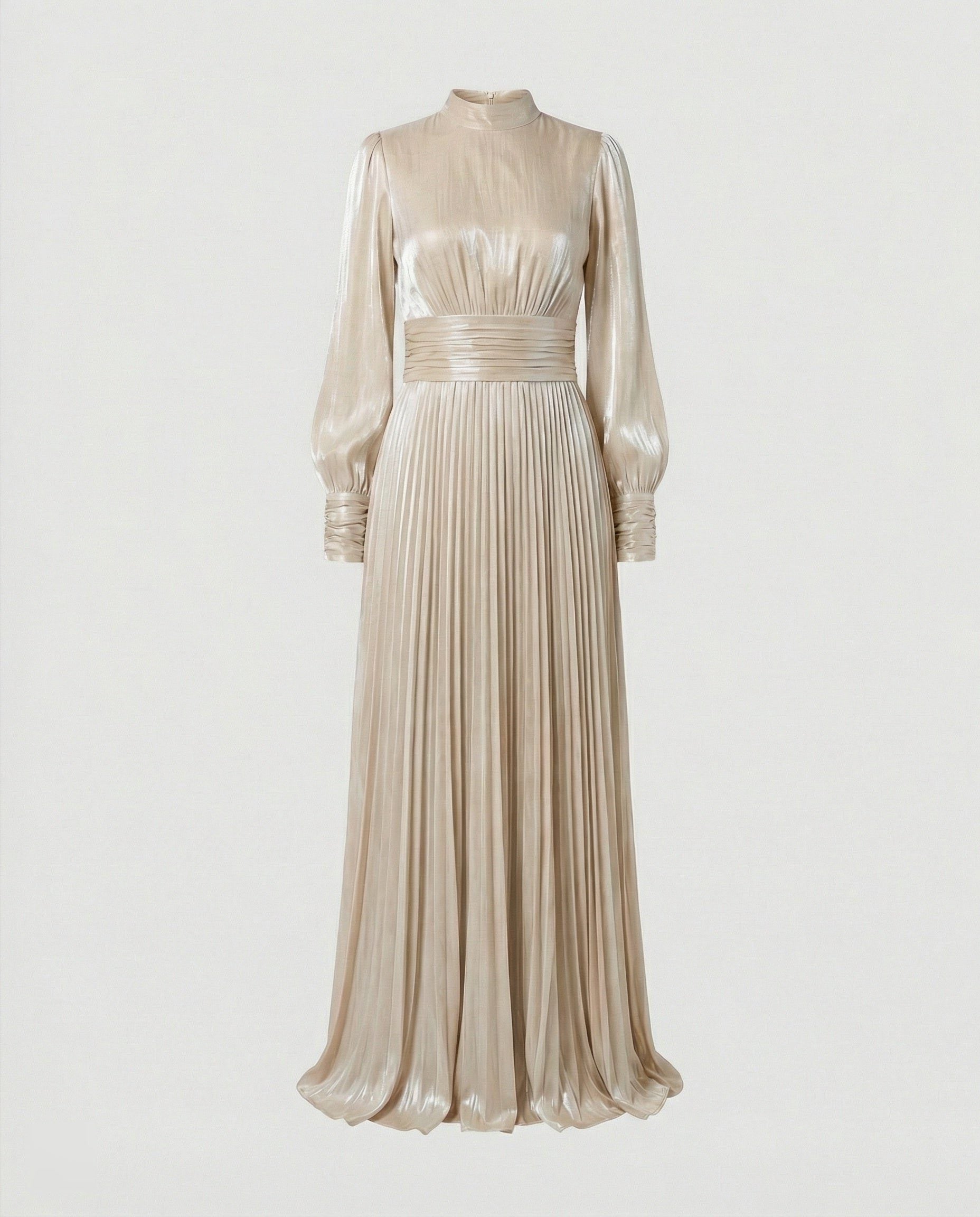 High-Neck Pleated Maxi Dress with Gathered Waist - Beige