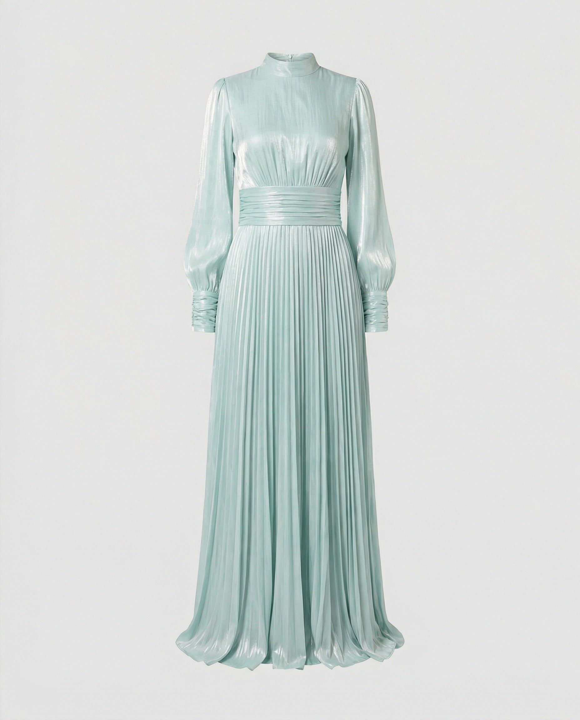 High-Neck Pleated Maxi Dress with Gathered Waist - Light Blue