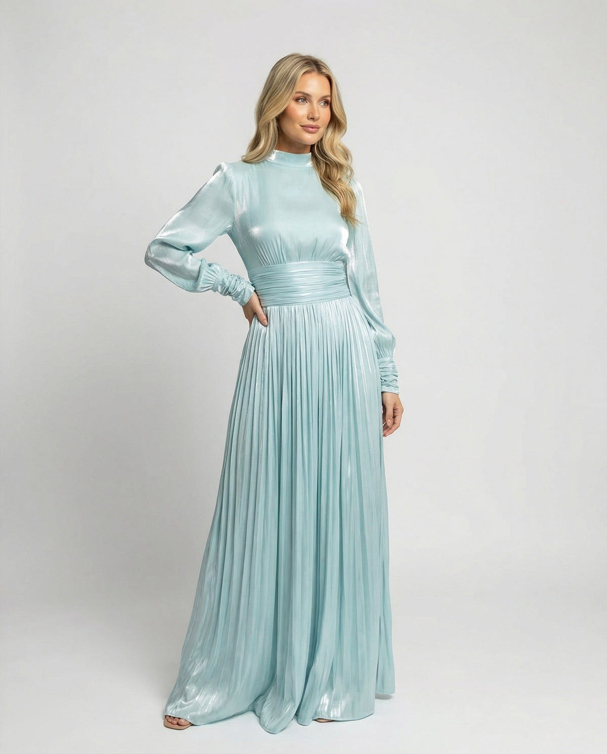 High-Neck Pleated Maxi Dress with Gathered Waist - Light Blue