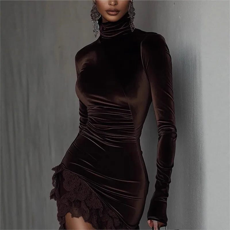 Velvet Ruched Mini Dress with Asymmetric Frill - Dark Brown