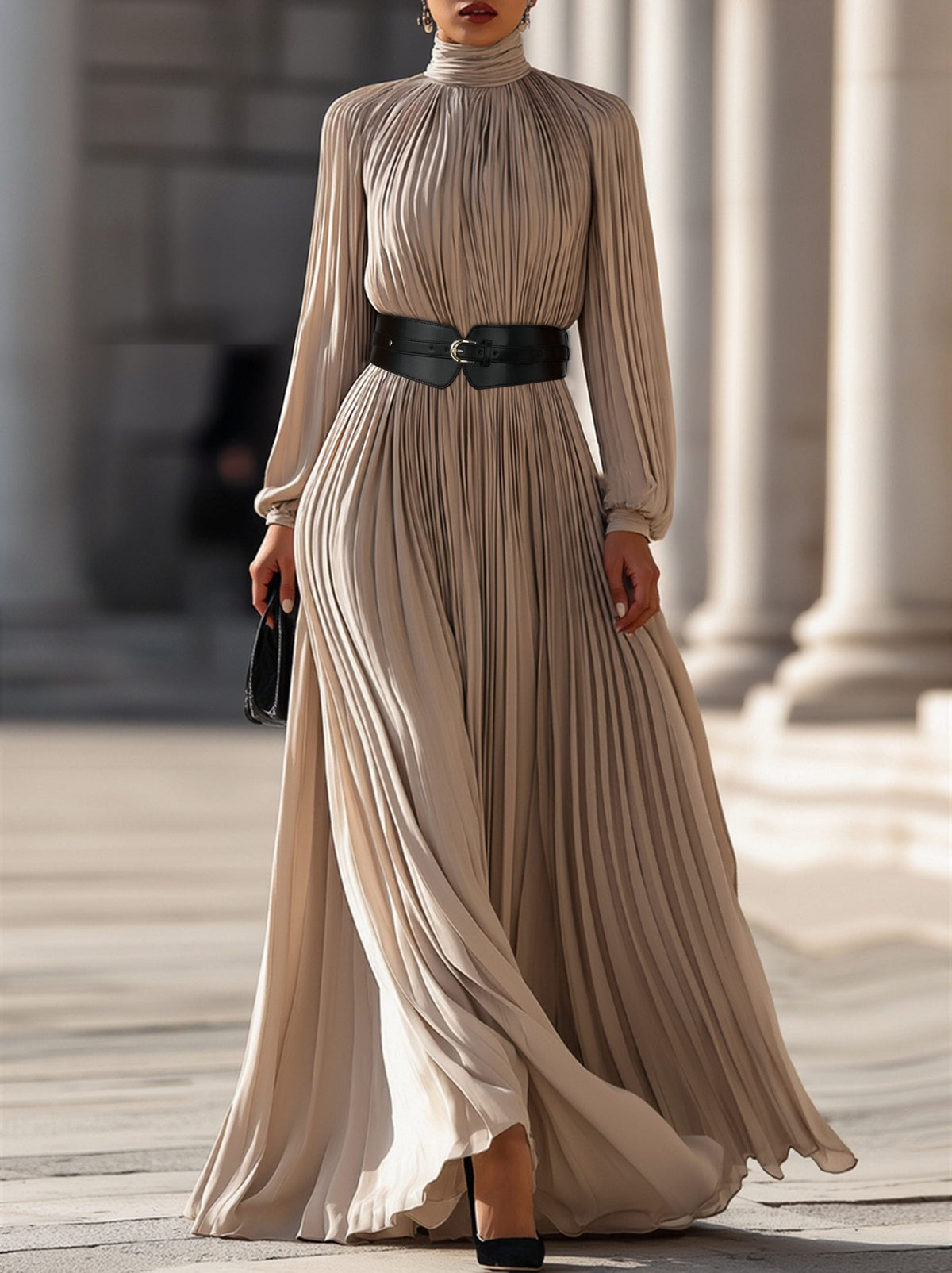High-Neck Pleated Maxi Dress with Long Sleeves - Beige
