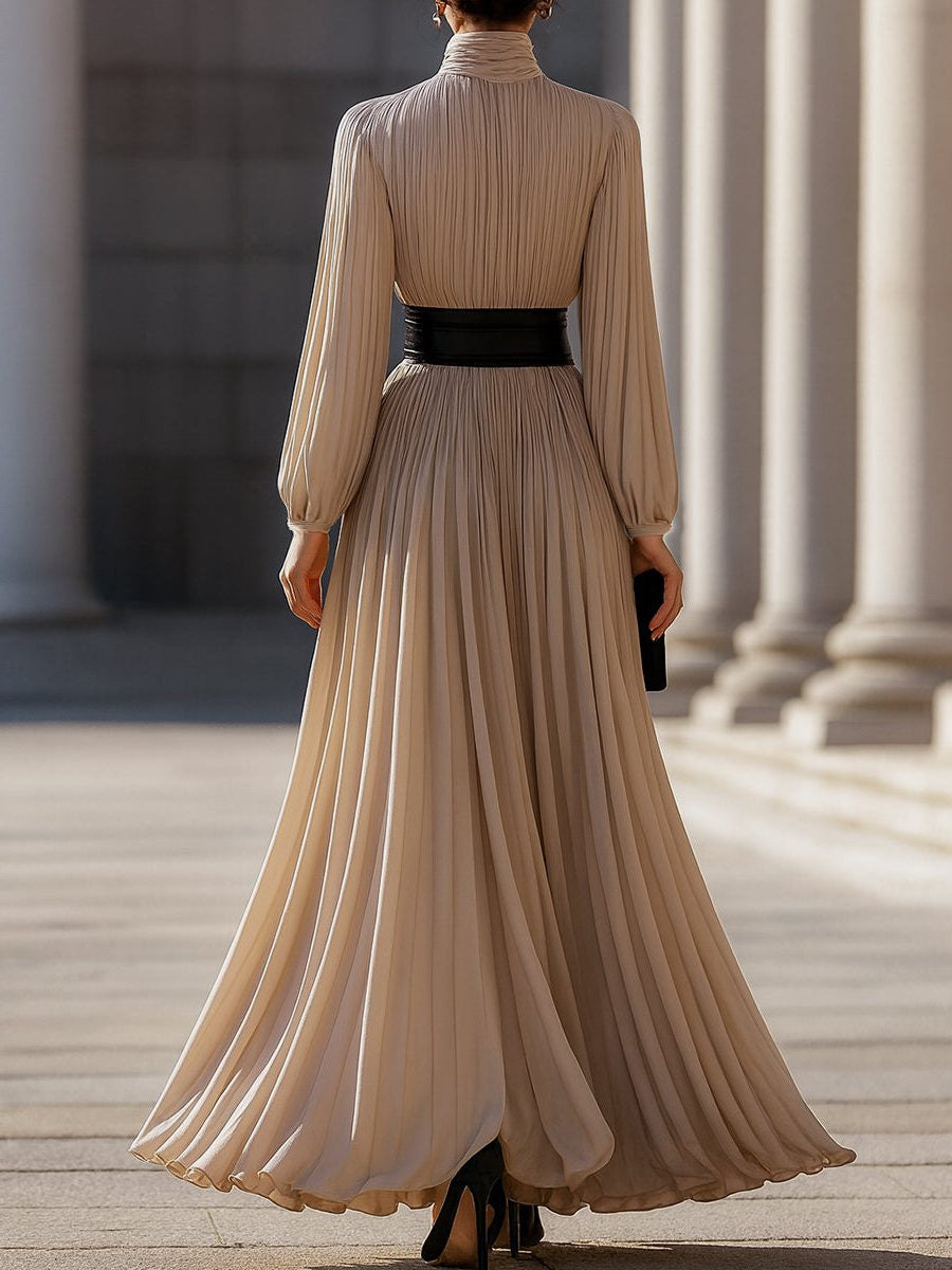 High-Neck Pleated Maxi Dress with Long Sleeves - Beige