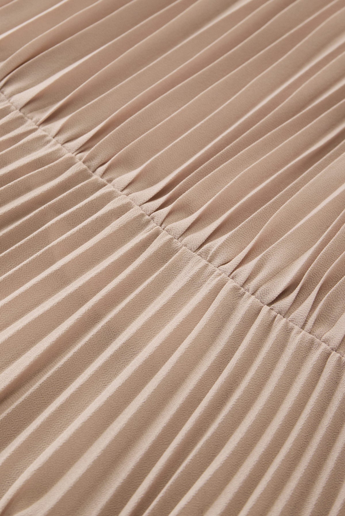 High-Neck Pleated Maxi Dress with Long Sleeves - Beige