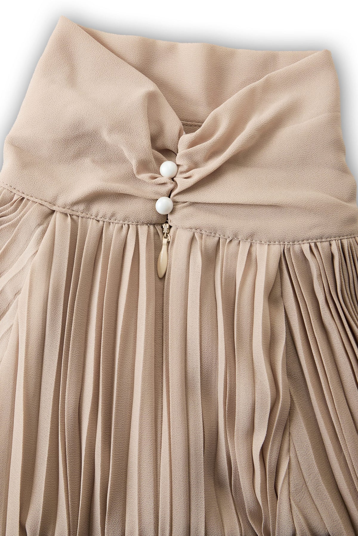 High-Neck Pleated Maxi Dress with Long Sleeves - Beige