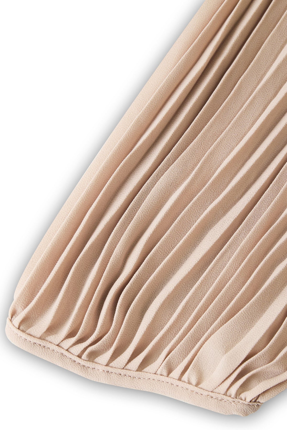 High-Neck Pleated Maxi Dress with Long Sleeves - Beige