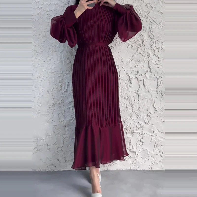 Puff-Sleeve Pleated Midi Dress - Burgundy
