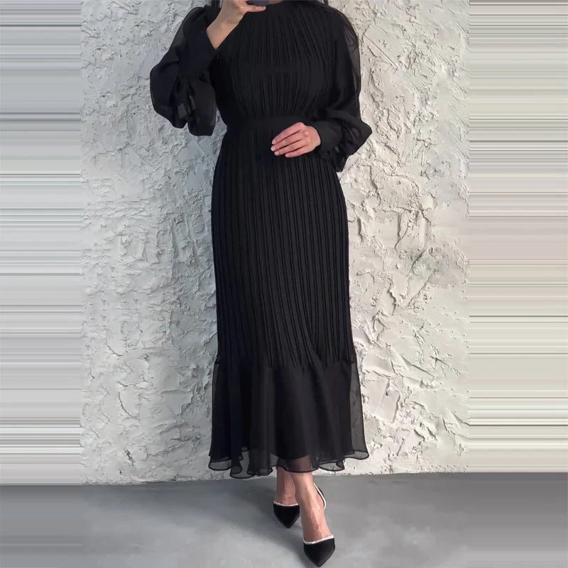 Puff-Sleeve Pleated Midi Dress - Black