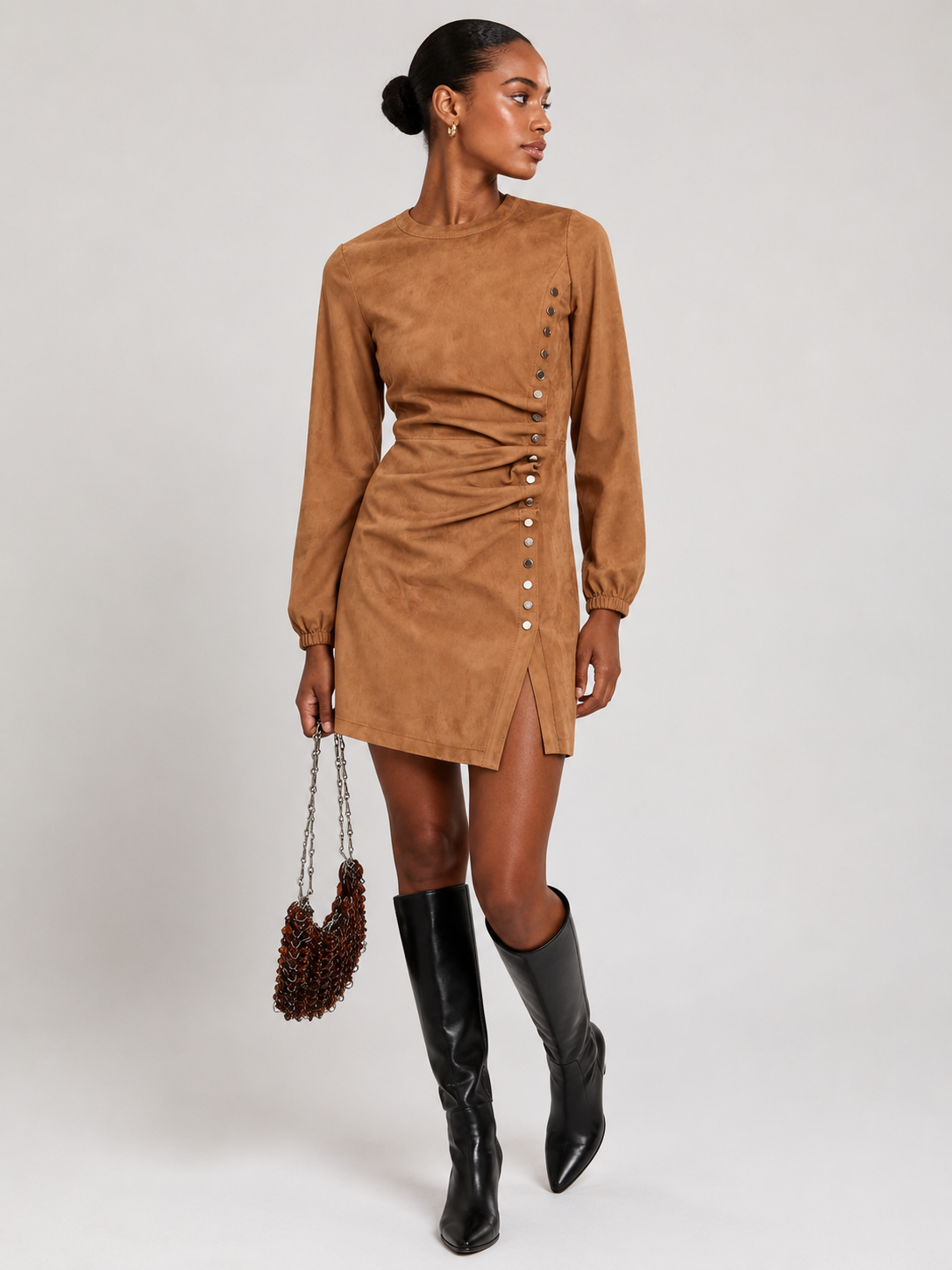 Suede-Look Ruched Mini Dress with Side Buttons - Camel