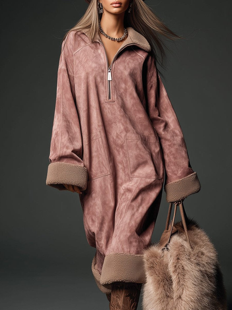 Oversized Suede-Look Shirt Dress with Contrast Cuffs - Pink