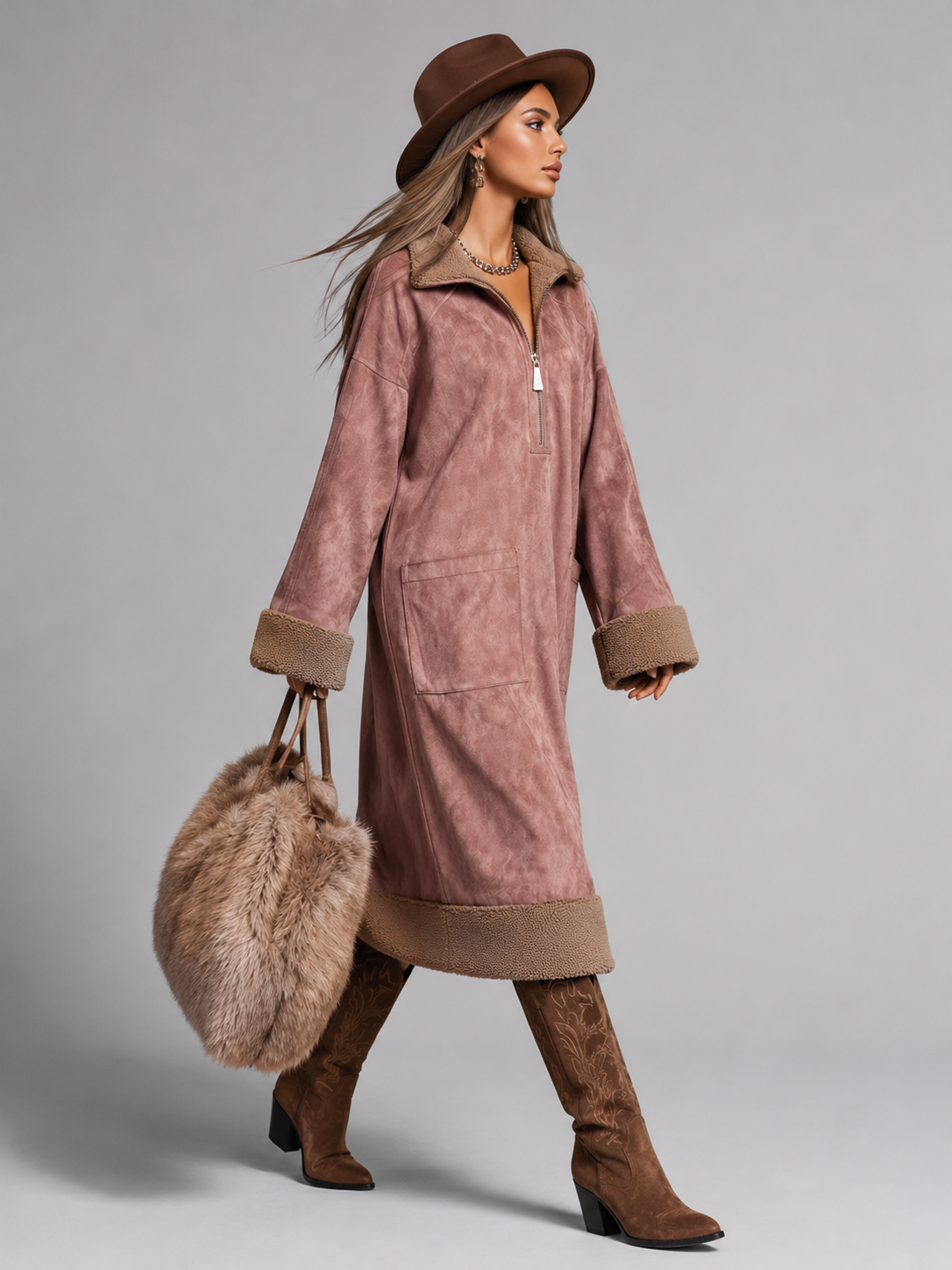 Oversized Suede-Look Shirt Dress with Contrast Cuffs - Pink