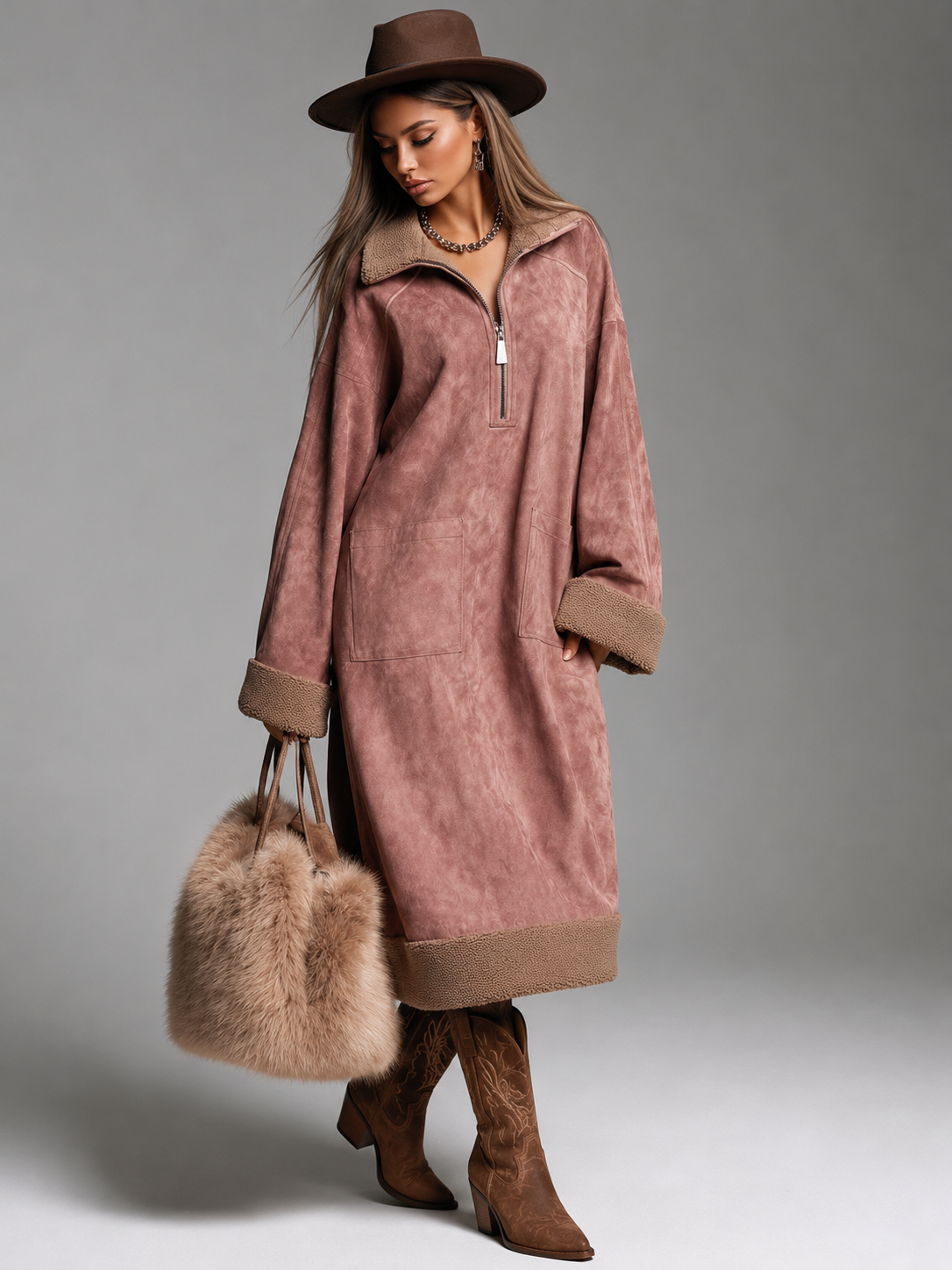 Oversized Suede-Look Shirt Dress with Contrast Cuffs - Pink