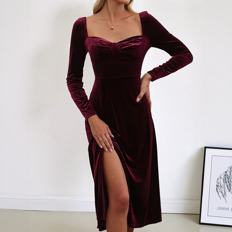 Velvet Sweetheart-Neck Midi Dress with Thigh Split - Burgundy