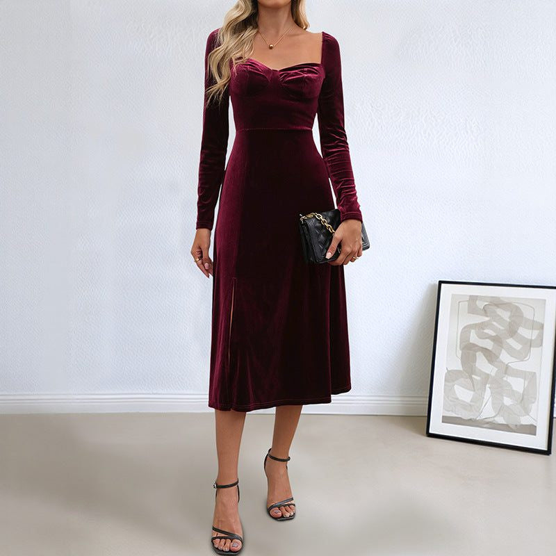Velvet Sweetheart-Neck Midi Dress with Thigh Split - Burgundy