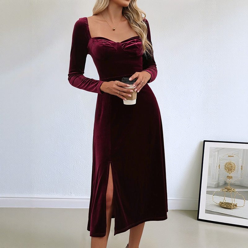 Velvet Sweetheart-Neck Midi Dress with Thigh Split - Burgundy