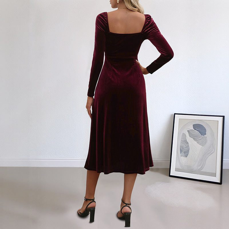Velvet Sweetheart-Neck Midi Dress with Thigh Split - Burgundy