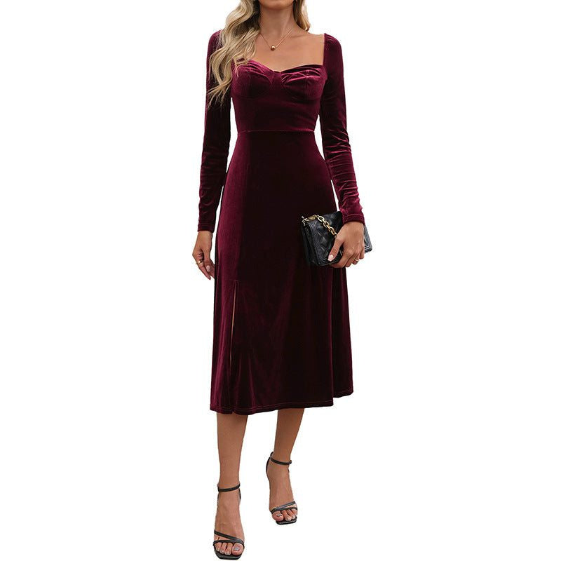 Velvet Sweetheart-Neck Midi Dress with Thigh Split - Burgundy