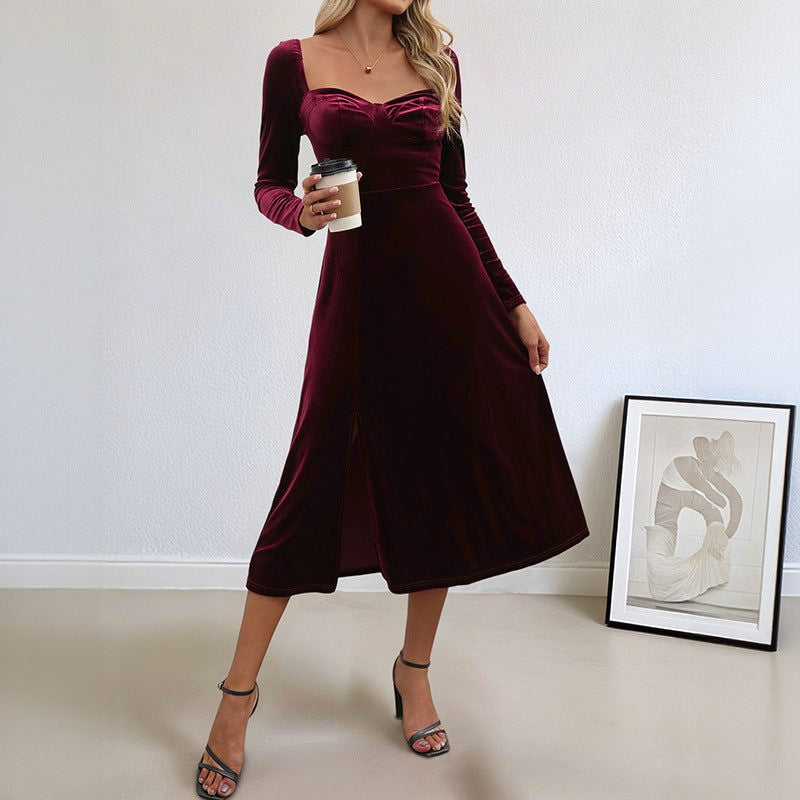 Velvet Sweetheart-Neck Midi Dress with Thigh Split - Burgundy