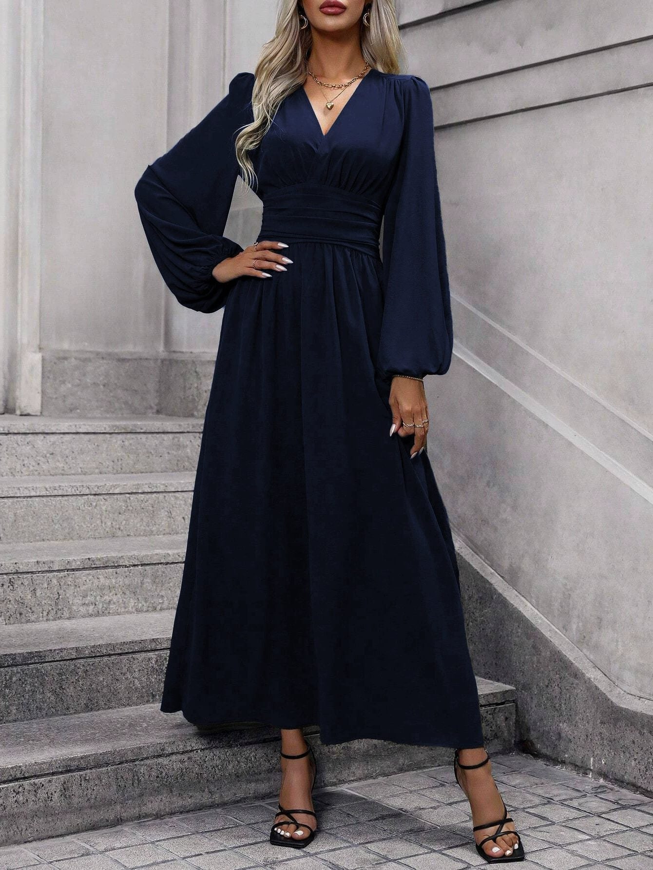 V-Neck Maxi Dress with Blouson Sleeves and Leg Split - Blue