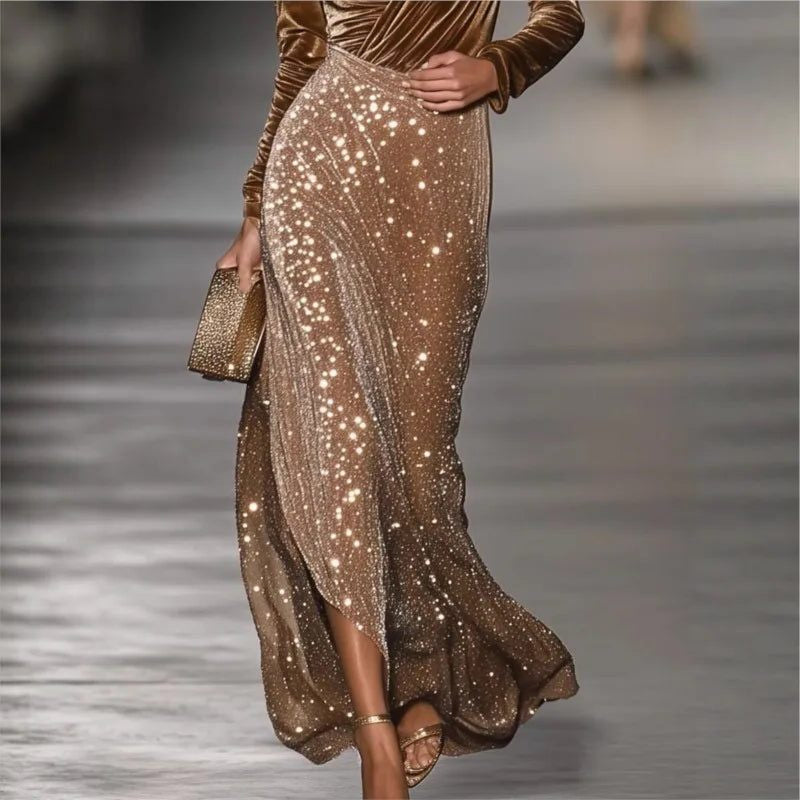 Velvet and Sequin Wrap Maxi Dress - Dark Brown