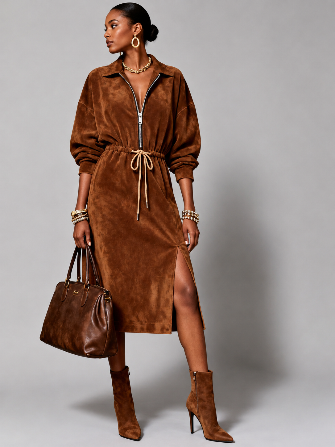 Suede-Look Zip-Neck Shirt Dress with Tie Waist - Brown