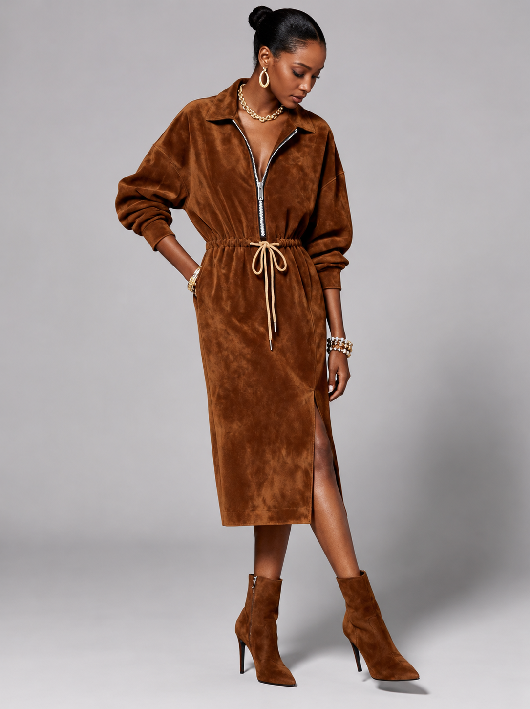 Suede-Look Zip-Neck Shirt Dress with Tie Waist - Brown