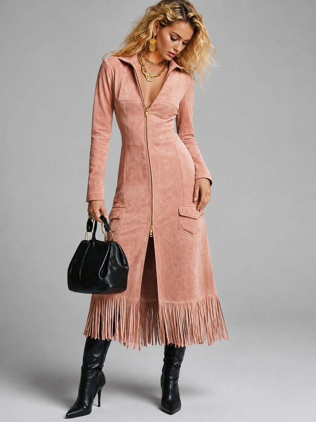 Suede-Look Zip-Front Midi Dress with Fringe Hem - Pink