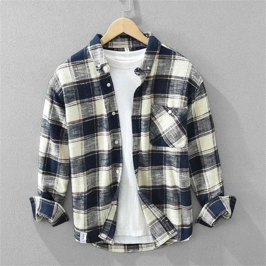 Flanellhemd Herren aus angerauter Baumwolle, locker und langärmelig - Marineblau-Creme kariert