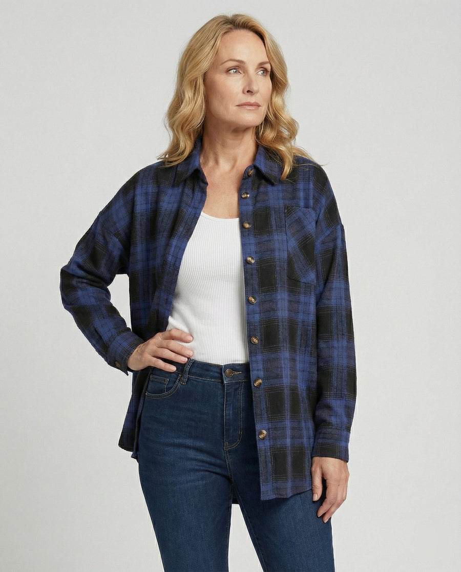Flanellhemd Damen aus Baumwollmischung, karierte Oversize-Hemdjacke - Blau